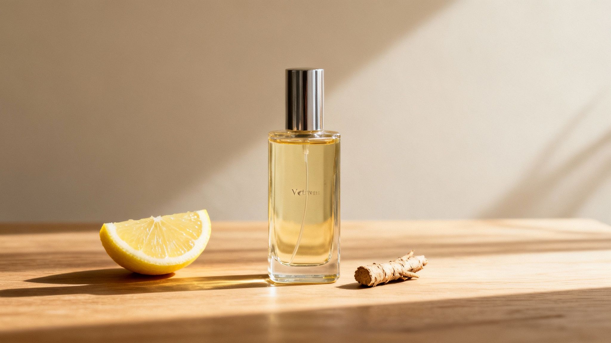 A clear glass perfume bottle with 'Vetiver' label, a lemon slice, and ginger on wood.