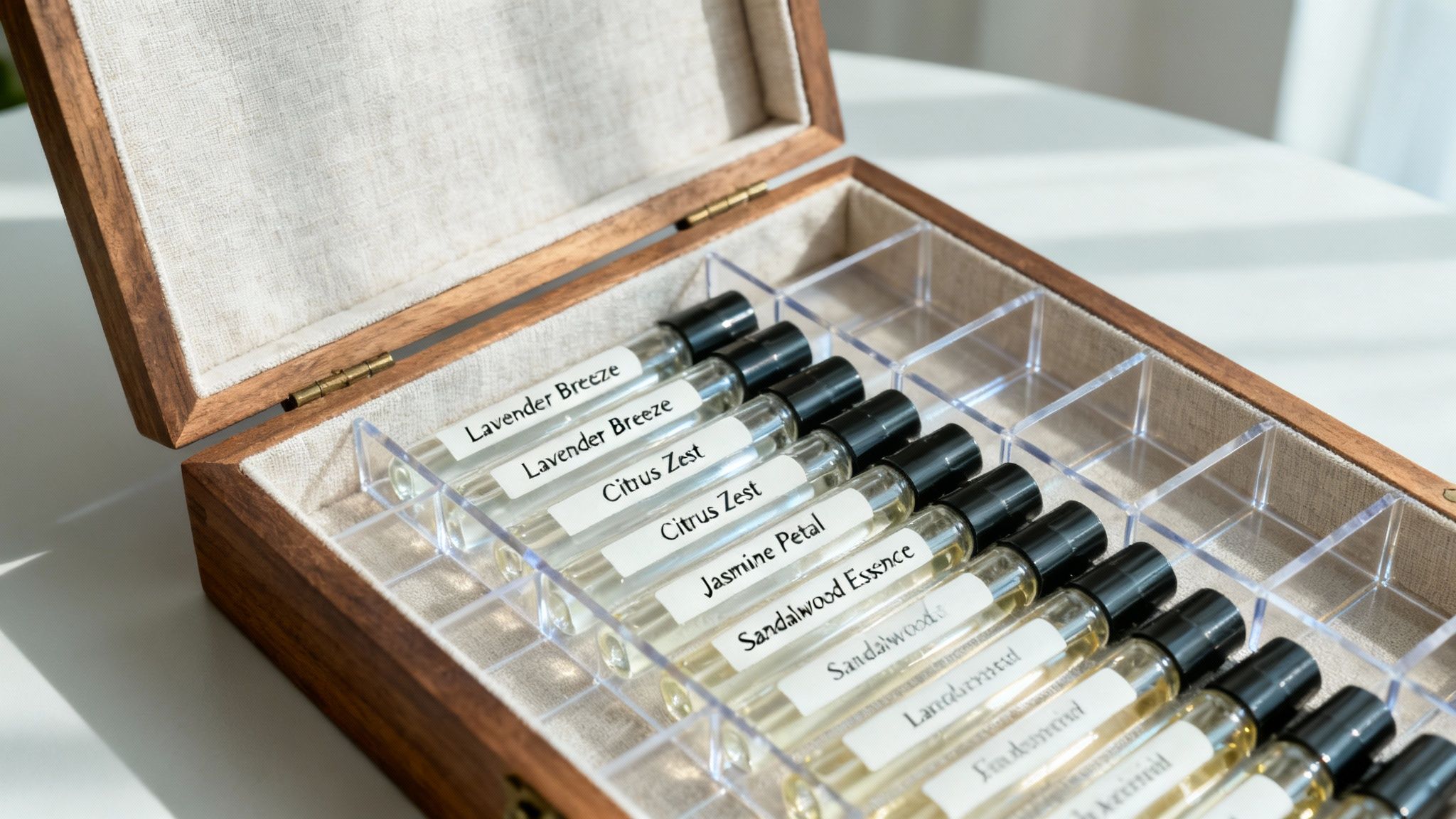 An open wooden box showcasing many clear glass perfume sample vials, each labeled with different scents.