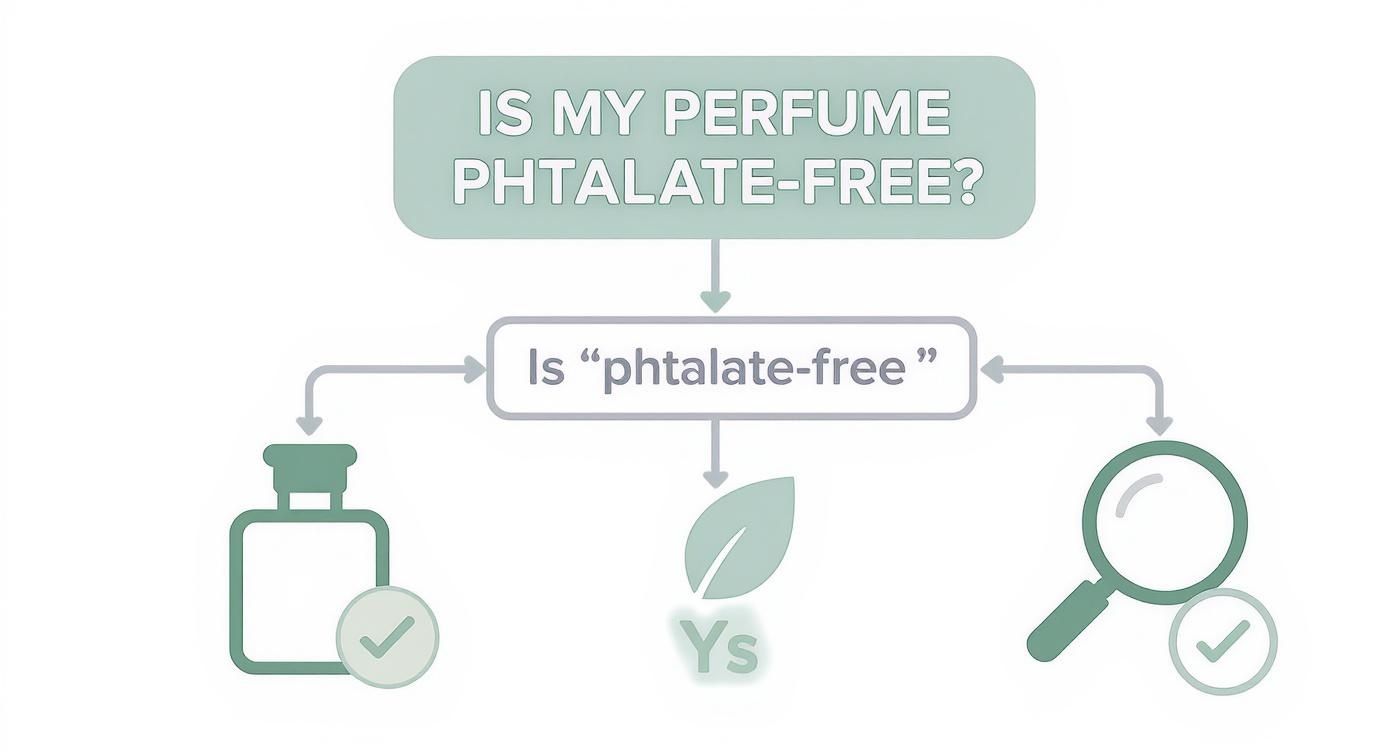Flowchart asking 'Is my perfume phthalate-free?' showing steps like checking bottle, ingredients, and research.