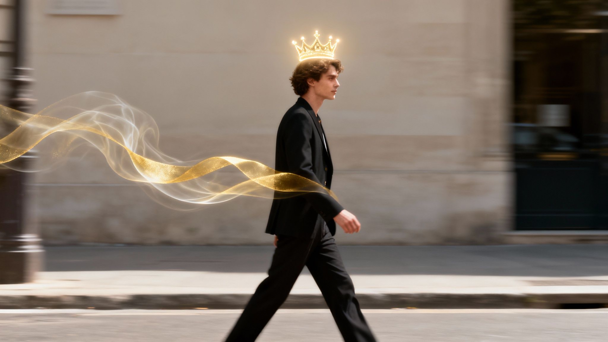 A man in a black suit with a glowing golden crown walks confidently on a city street.