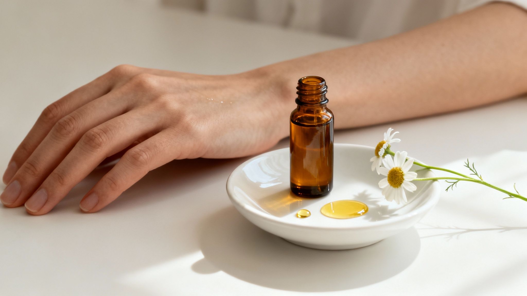 Hand applying natural essential oil from an amber bottle with chamomile flowers for skincare.