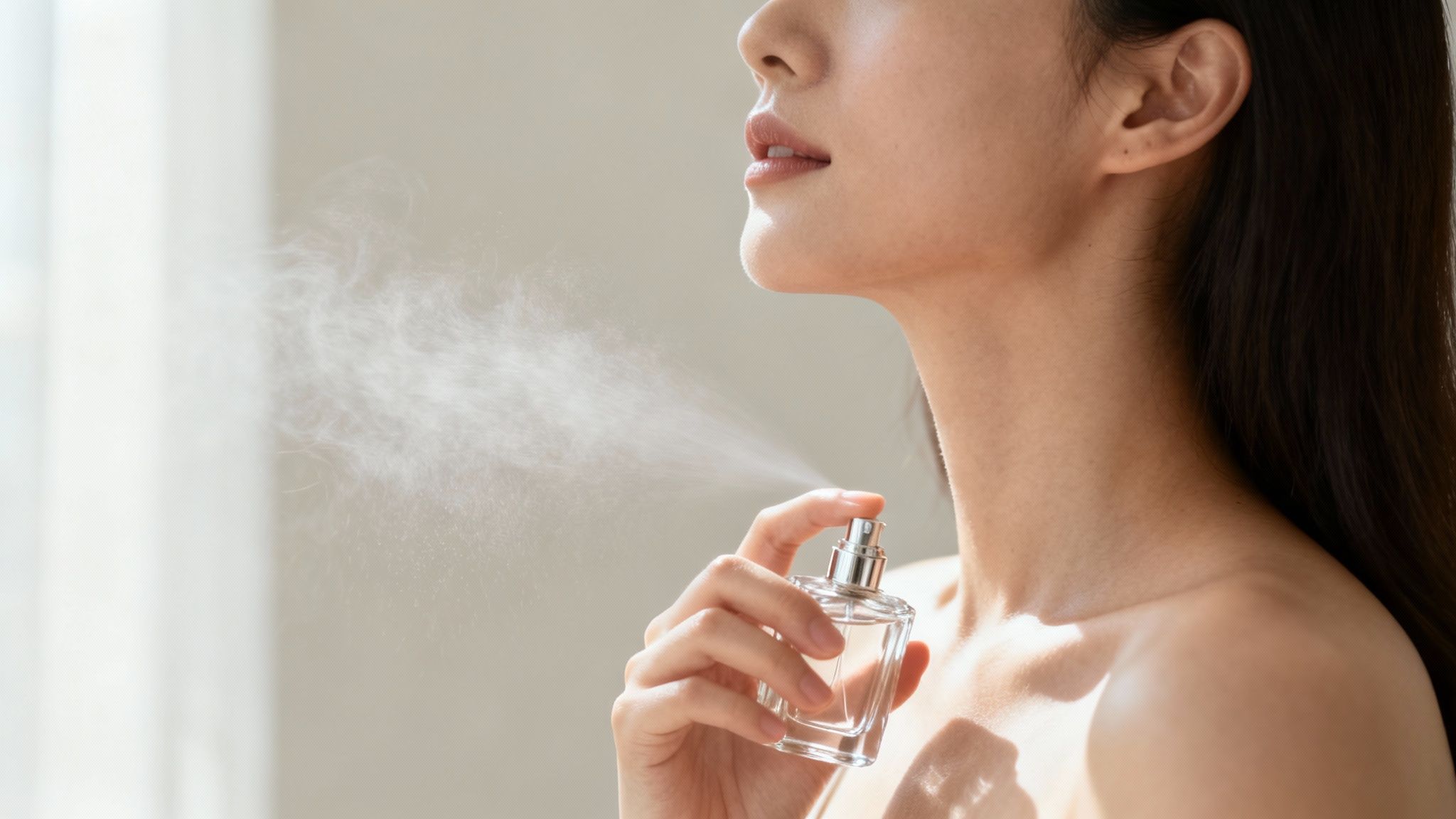 Woman spraying perfume on neck demonstrating proper fragrance application technique for longevity