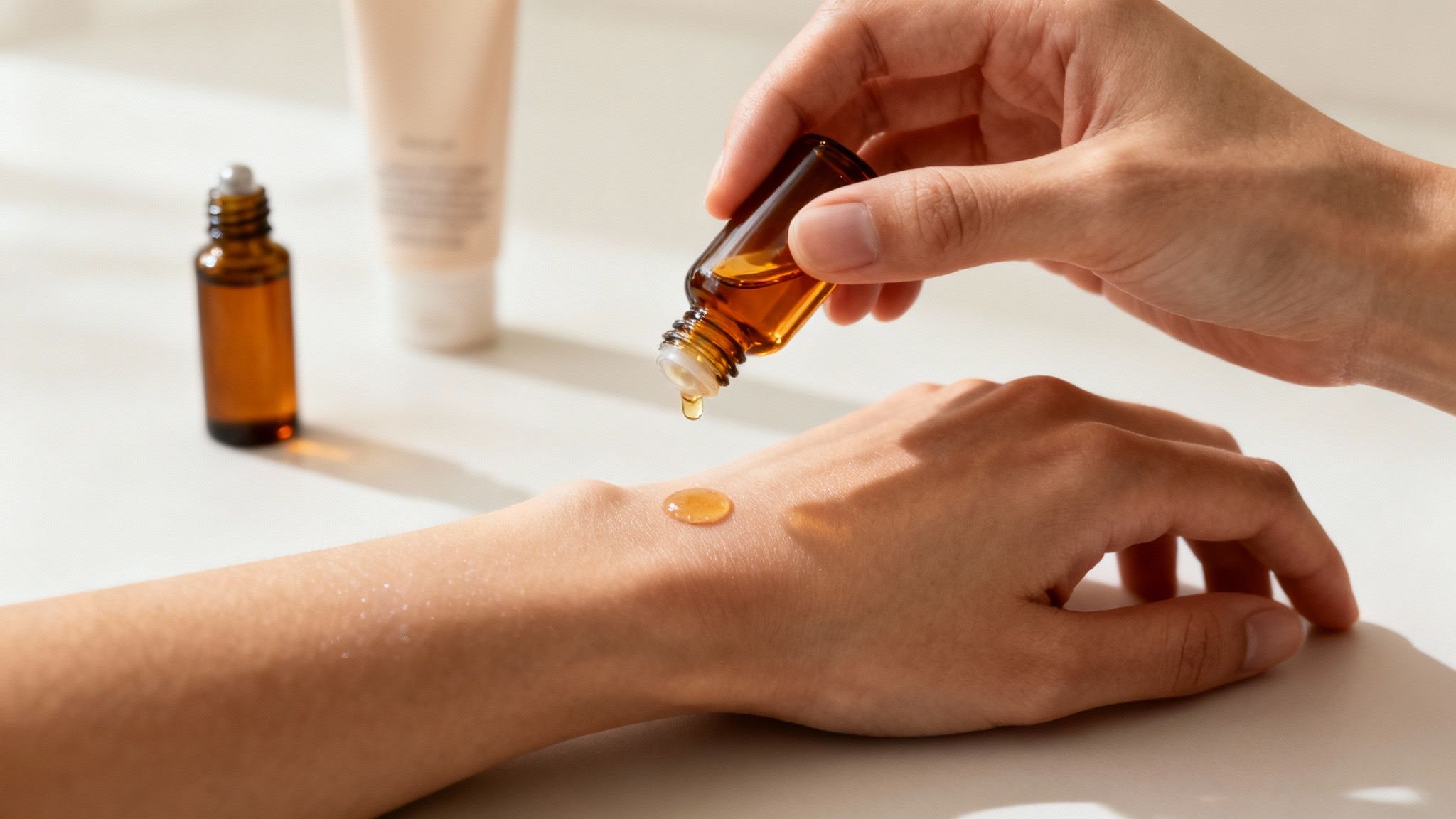 A person applies an amber-colored essential oil from a small dropper bottle onto their hand, a drop glistening on the skin.