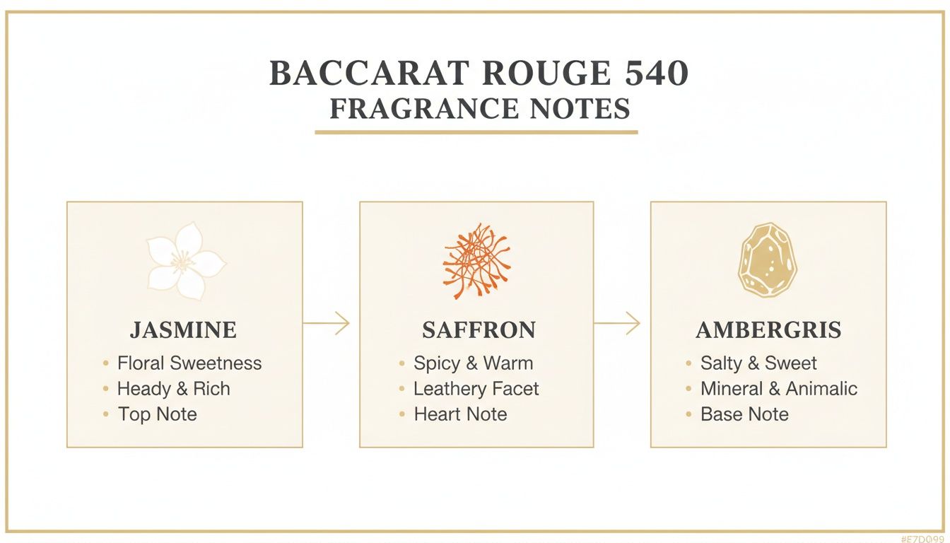 Baccarat Rouge 540 fragrance notes graphic detailing jasmine, saffron, and ambergris scents and their characteristics.