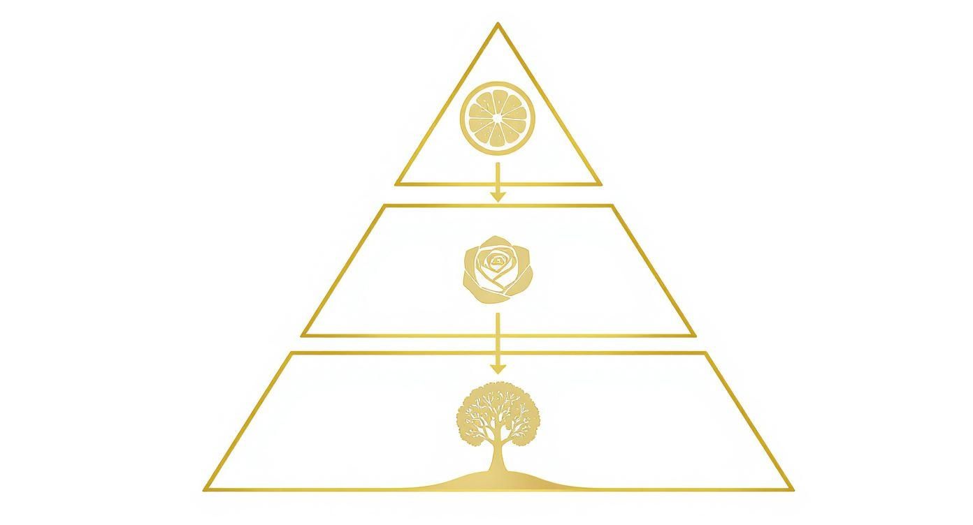 Golden scent pyramid displaying citrus, floral rose, and earthy tree notes with downward arrows.