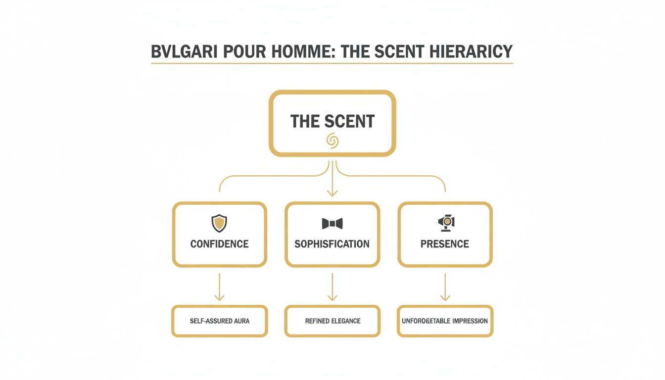 A hierarchical diagram illustrating the Bvlgari Pour Homme scent's benefits: confidence, sophistication, and presence.