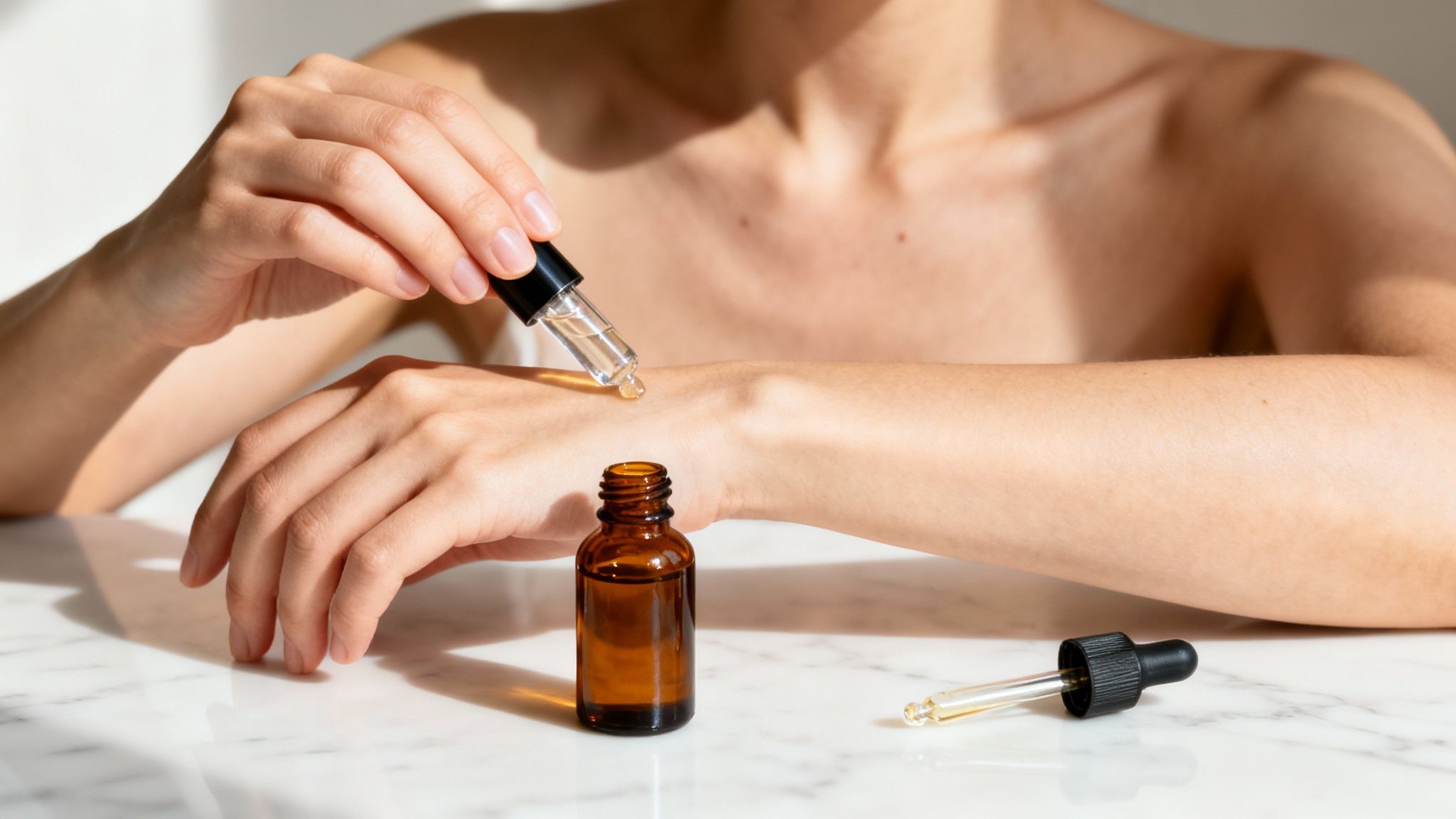 A person applies drops of clear serum from a glass dropper bottle onto their wrist, next to an amber bottle.