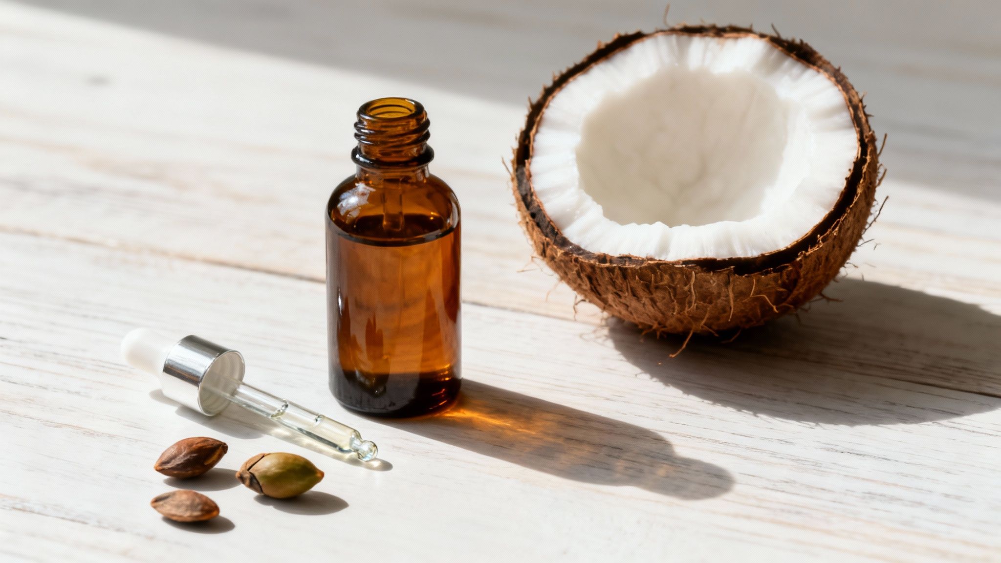 Natural essential oil dropper bottle, half coconut, and seeds on a wooden table.
