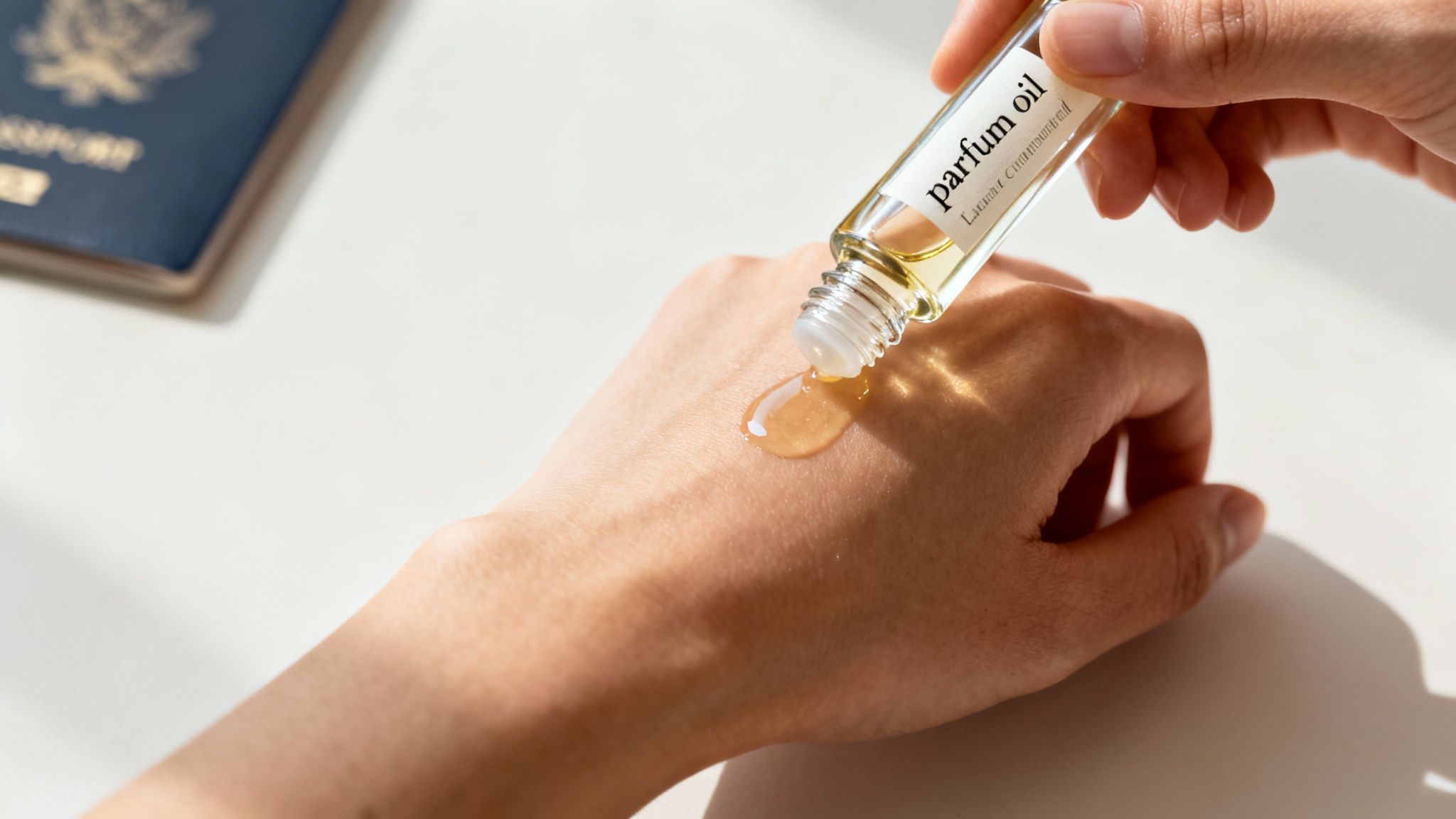 A hand applies parfum oil from a small roll-on bottle onto the wrist, with a passport in the background.