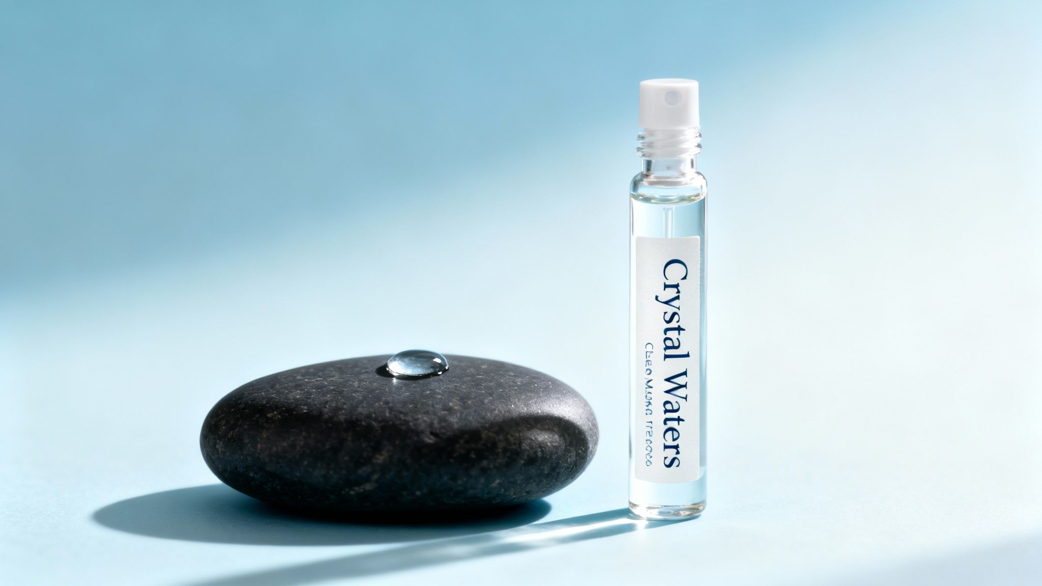 A small 'Crystal Waters' perfume bottle stands next to a dark stone with a water droplet, on a blue background.
