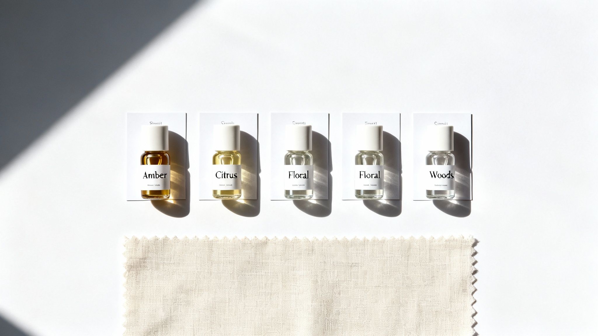 Five small fragrance oil bottles (Amber, Citrus, Floral, Woods) with a fabric swatch, showcasing various scents.