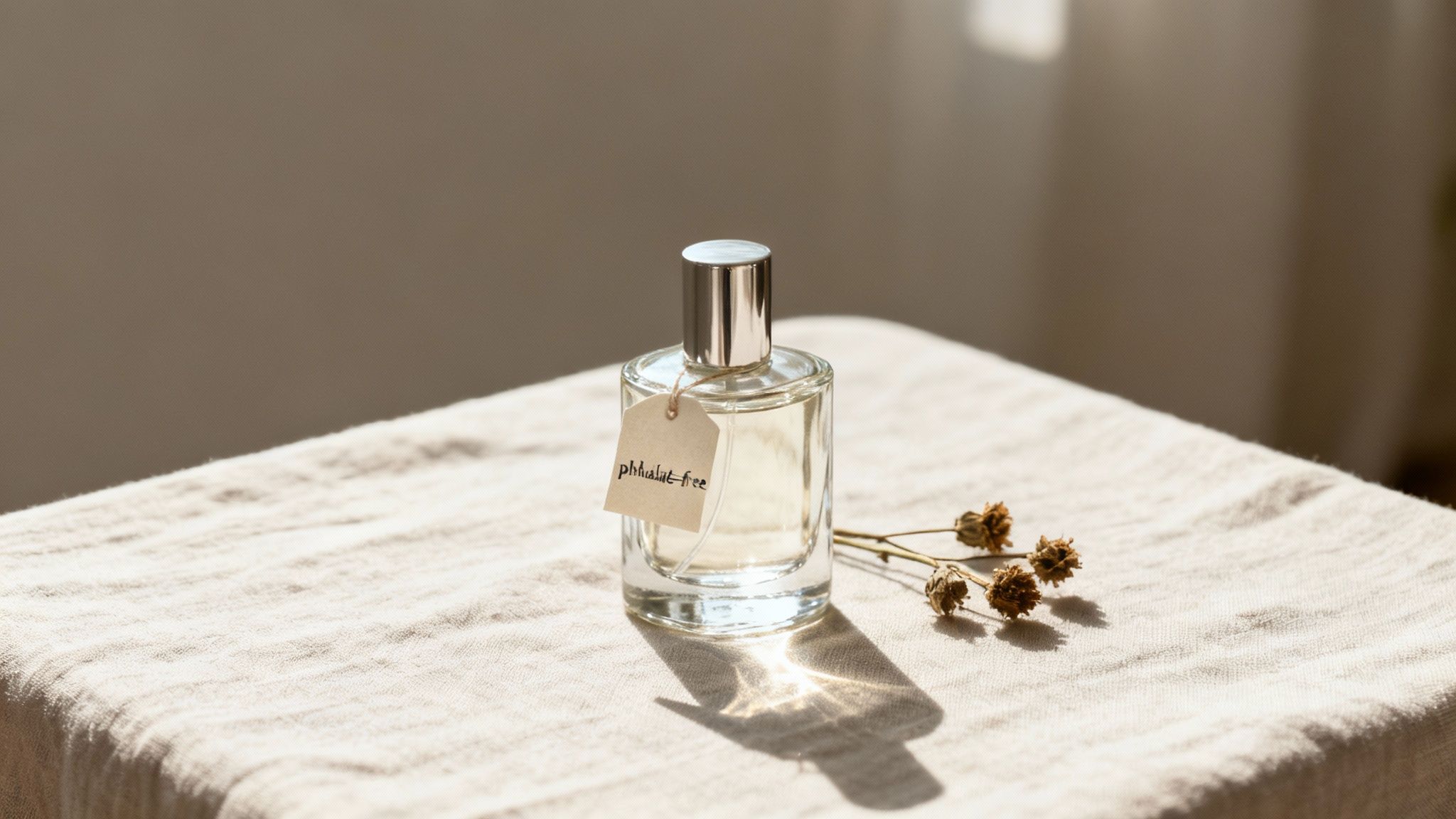 Elegant glass perfume bottle labeled 'phthalate-free' next to dried flowers on a rustic fabric.