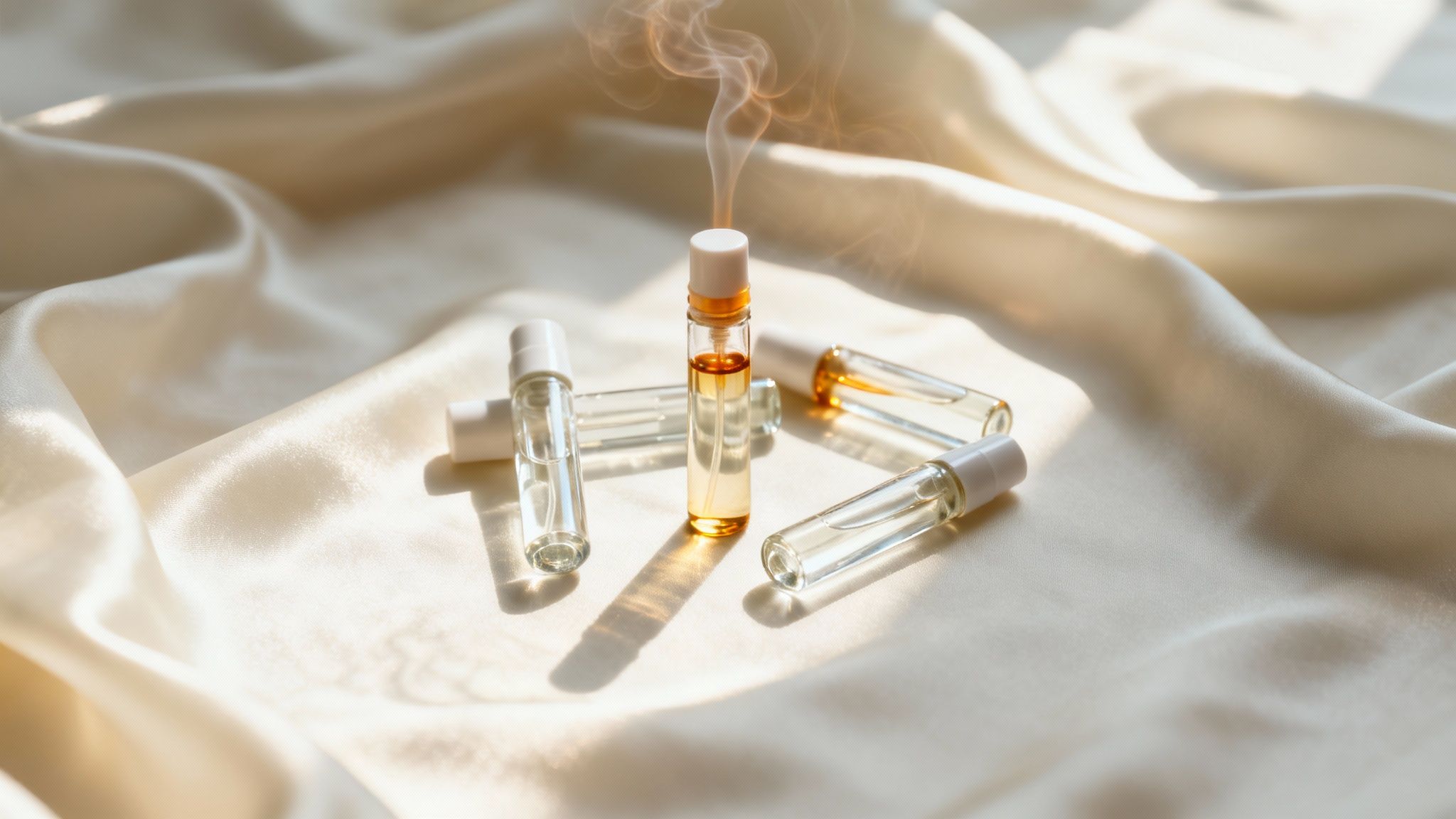 Small perfume sample vials on a luxurious satin fabric, with delicate smoke rising from one.