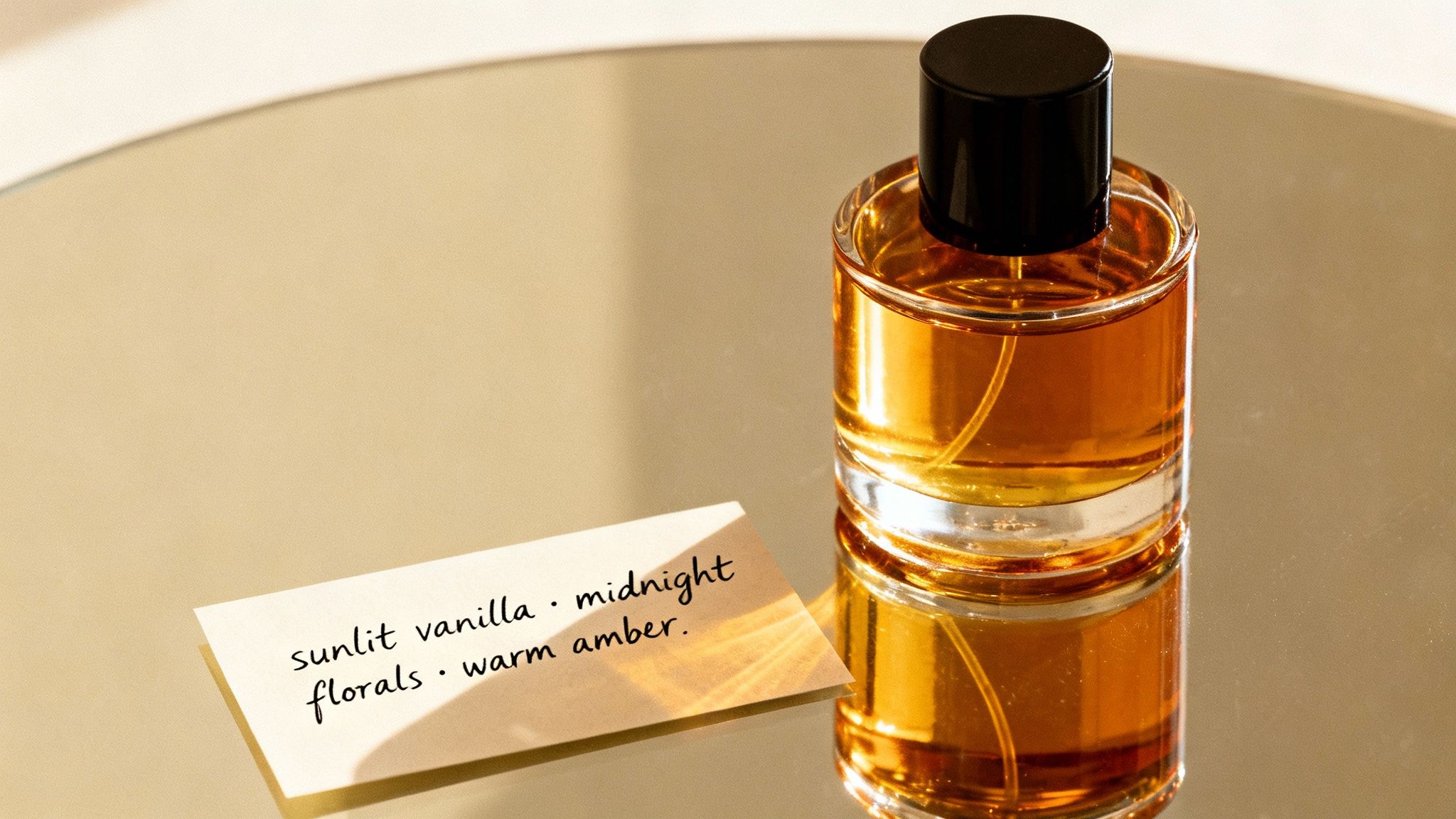 A perfume bottle with amber liquid and a black cap next to a card listing scent notes.