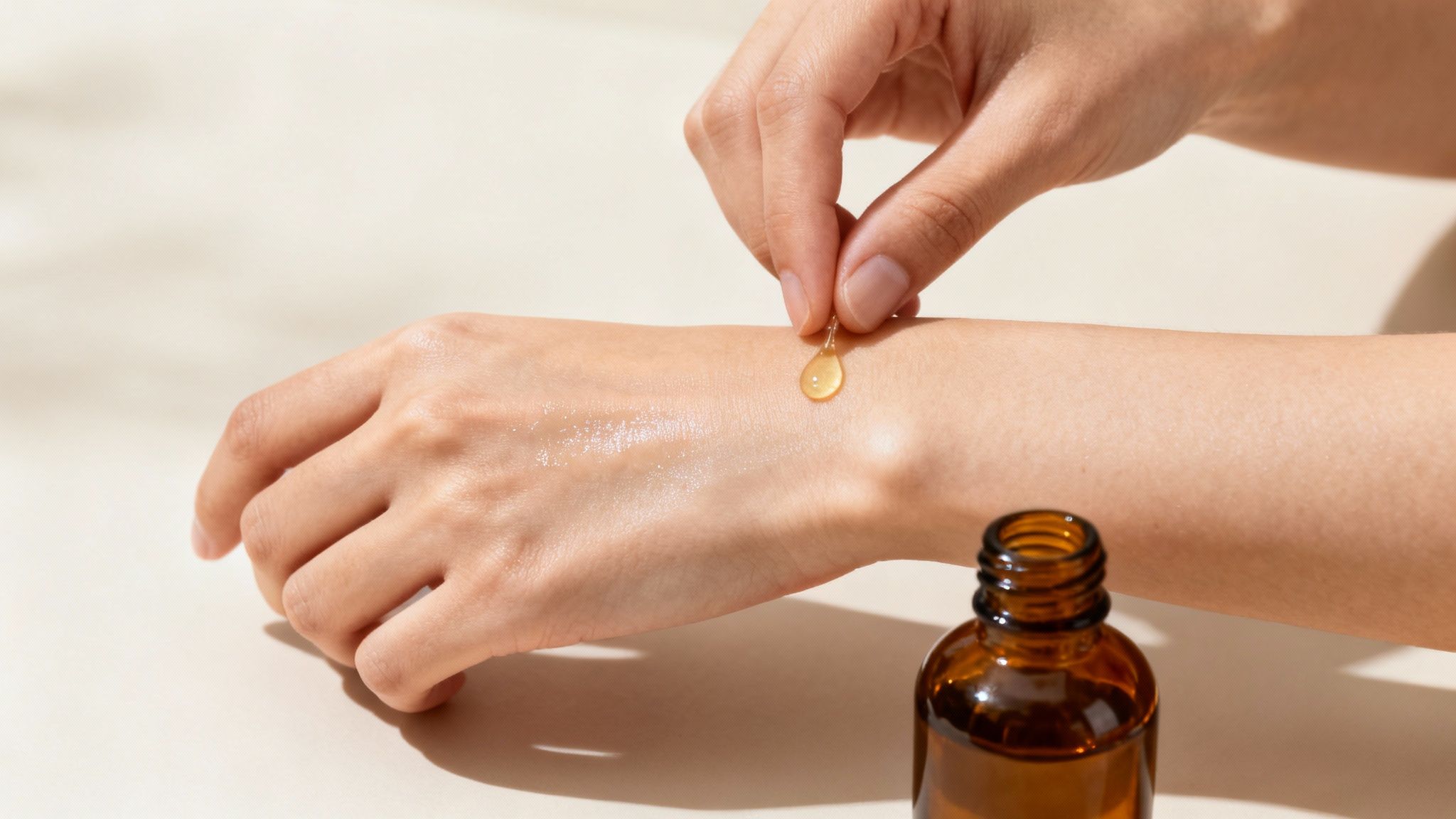 A hand applies a drop of golden serum onto the back of another hand, beside a brown bottle.