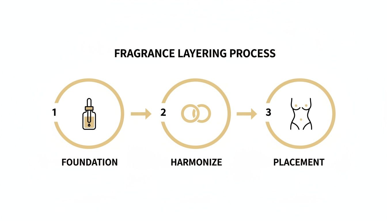 A diagram illustrating the three-step fragrance layering process: Foundation, Harmonize, Placement.