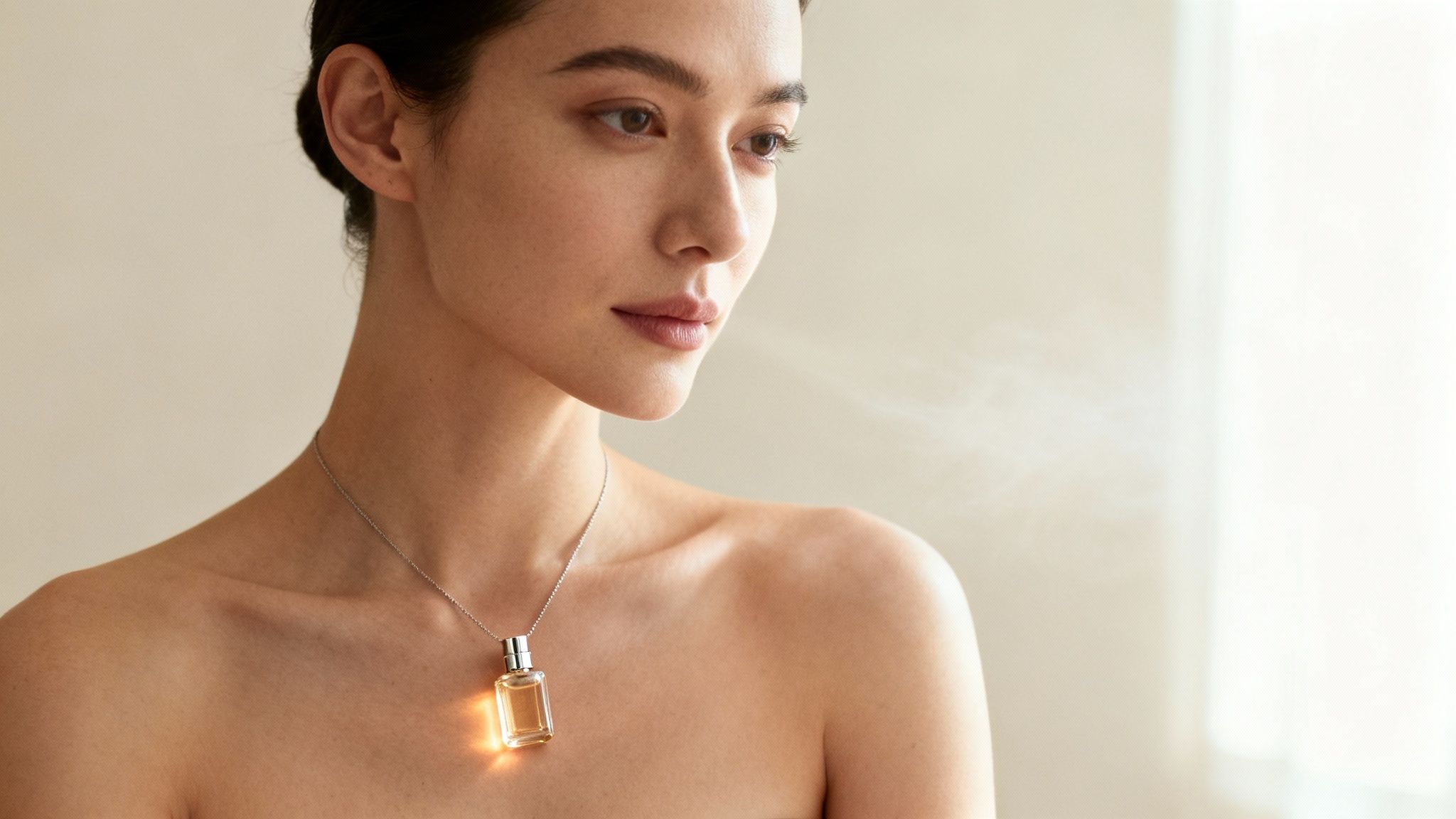A woman wearing a necklace with a small perfume bottle pendant, with a gentle mist.