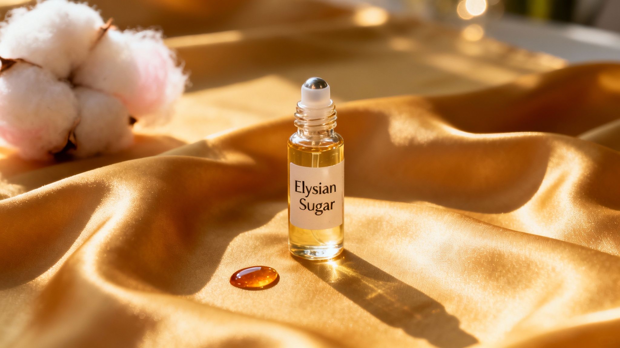 A roll-on bottle of 'Elysian Sugar' perfume oil on golden silk, with cotton.