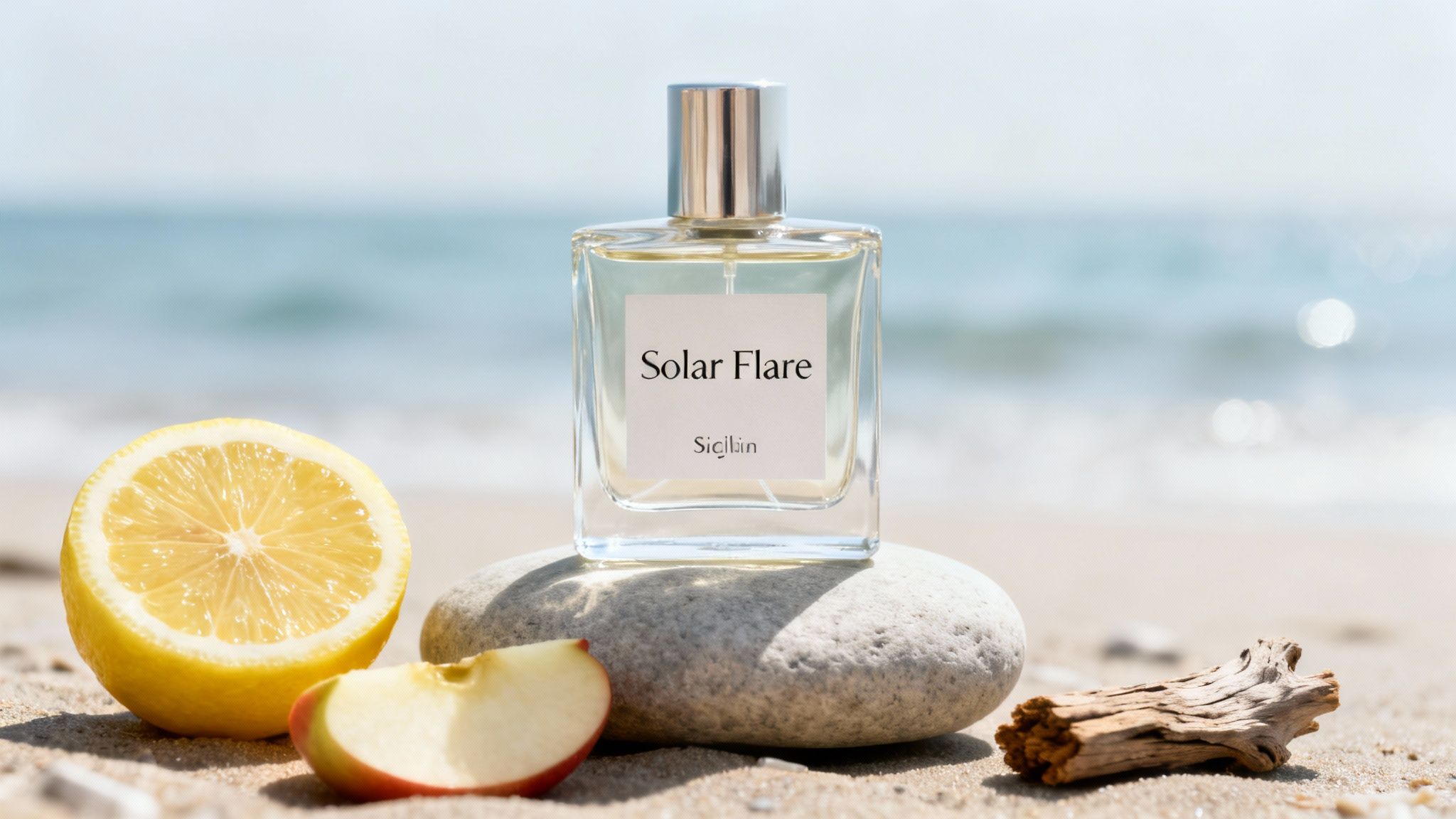 A 'Solar Flare Sicìlin' perfume bottle, lemon, apple, and driftwood on a sandy beach by the ocean.