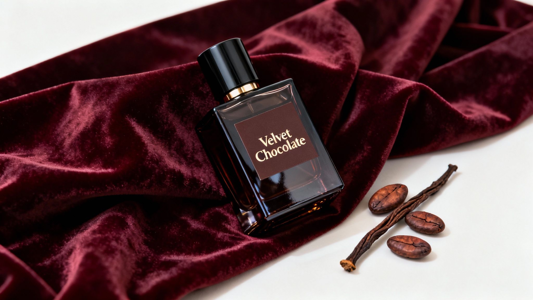 Velvet Chocolate perfume bottle on deep red velvet, surrounded by cocoa beans and vanilla.