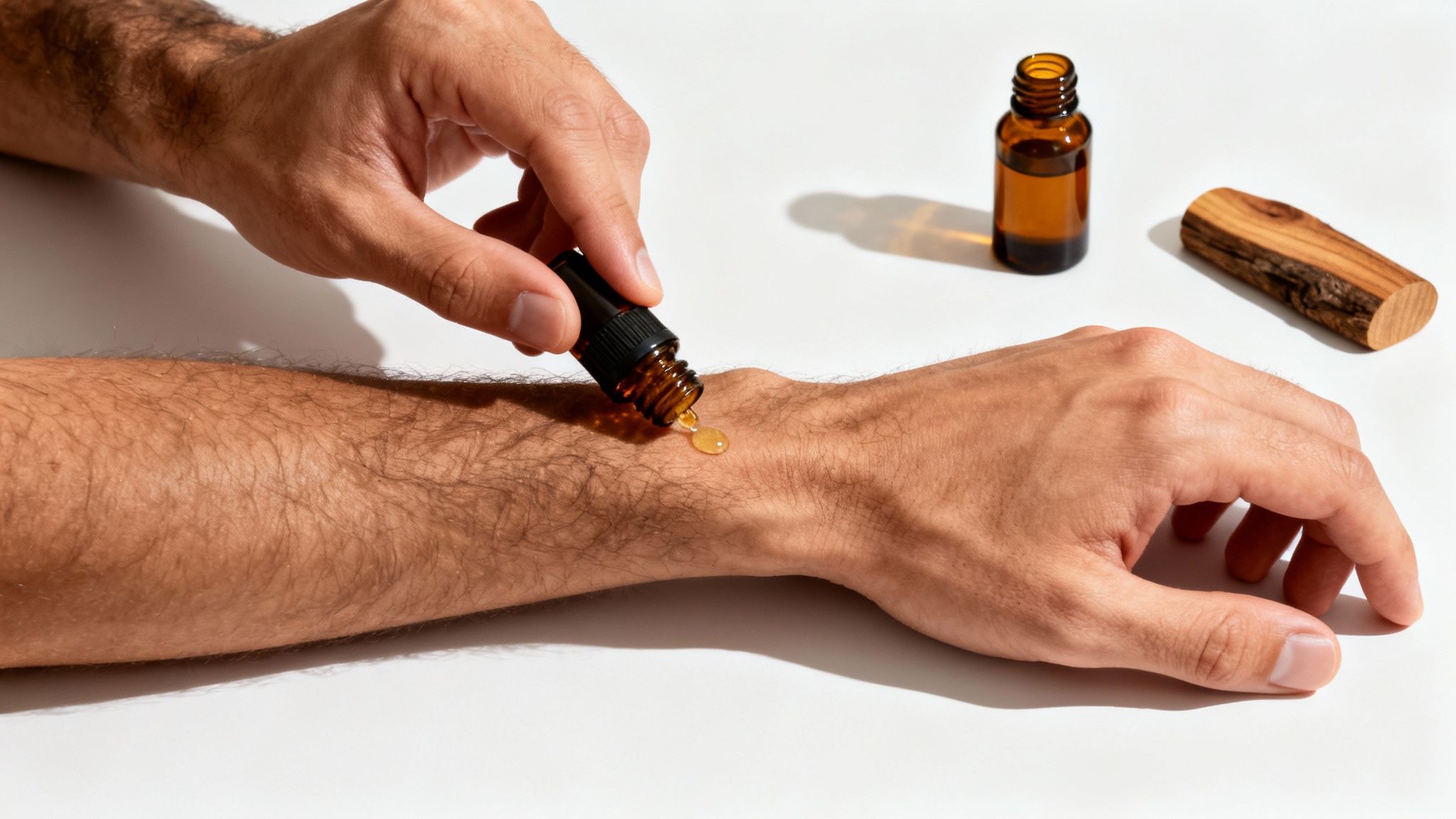 A man applies essential oil from a small amber bottle onto his hairy wrist.