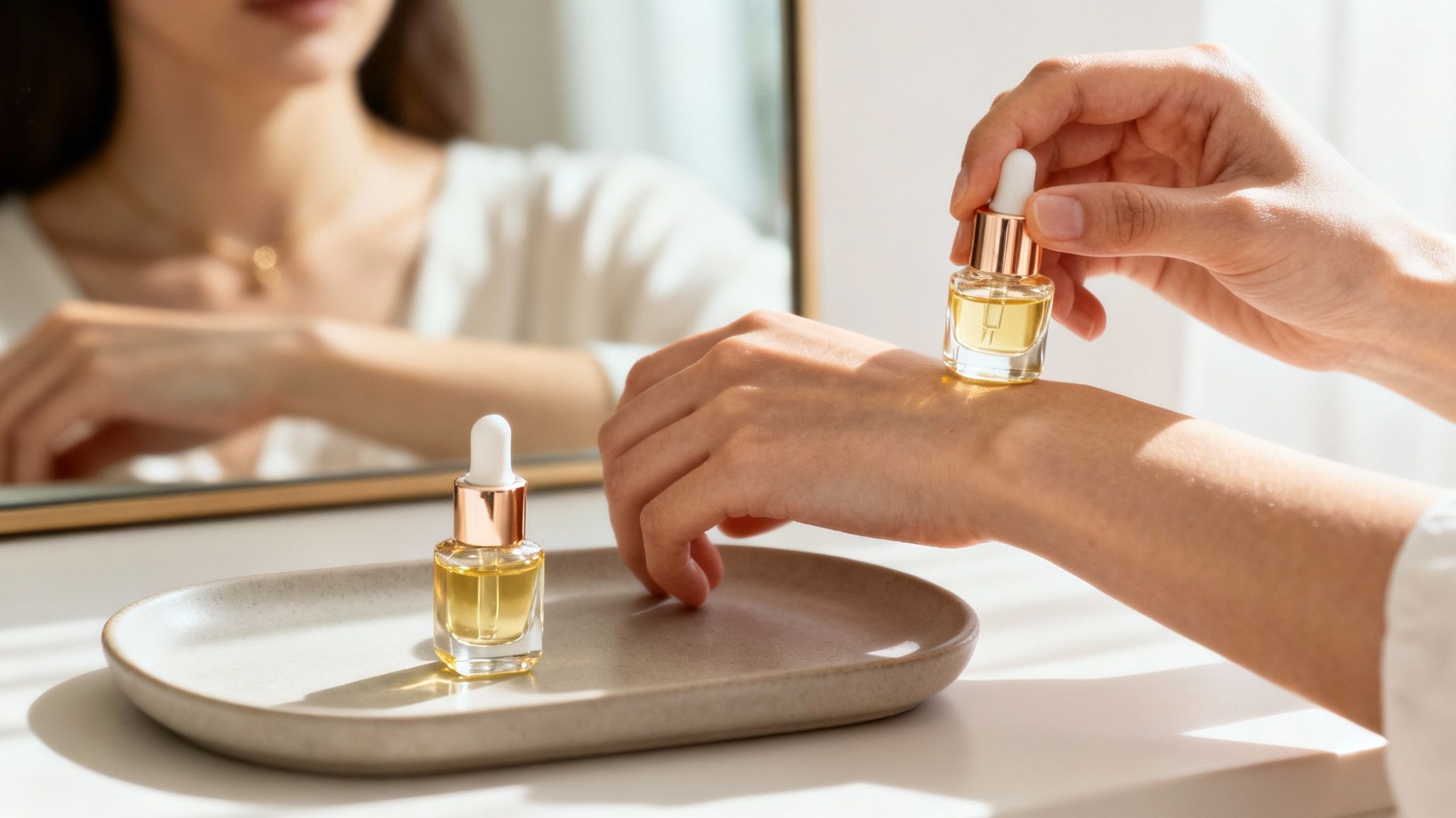 A person applies a golden liquid from a dropper bottle to their wrist, with another bottle on a tray and a mirror reflection.