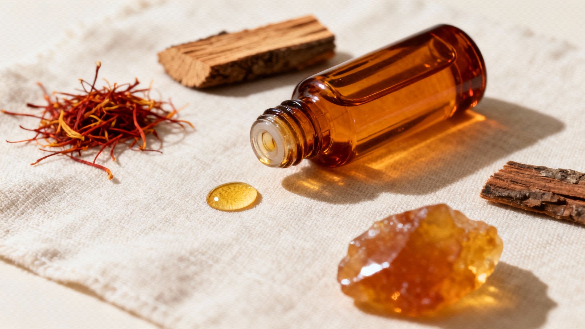 Amber essential oil bottle with a liquid drop, saffron threads, and natural wood on fabric.