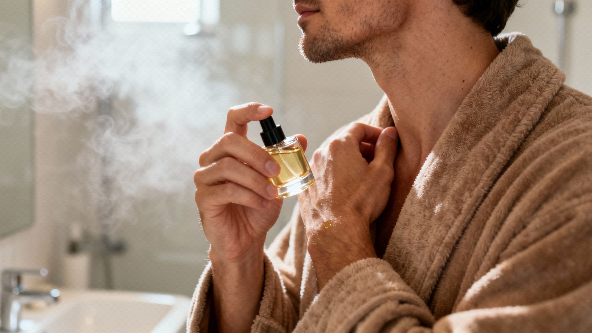 A man in a fluffy bathrobe sprays a bottle of perfume onto his neck, creating a visible mist.