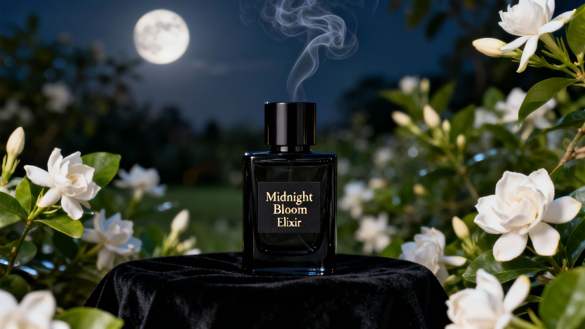 Elegant black perfume bottle emitting smoke amidst blooming white jasmine flowers at night, under a bright moon.