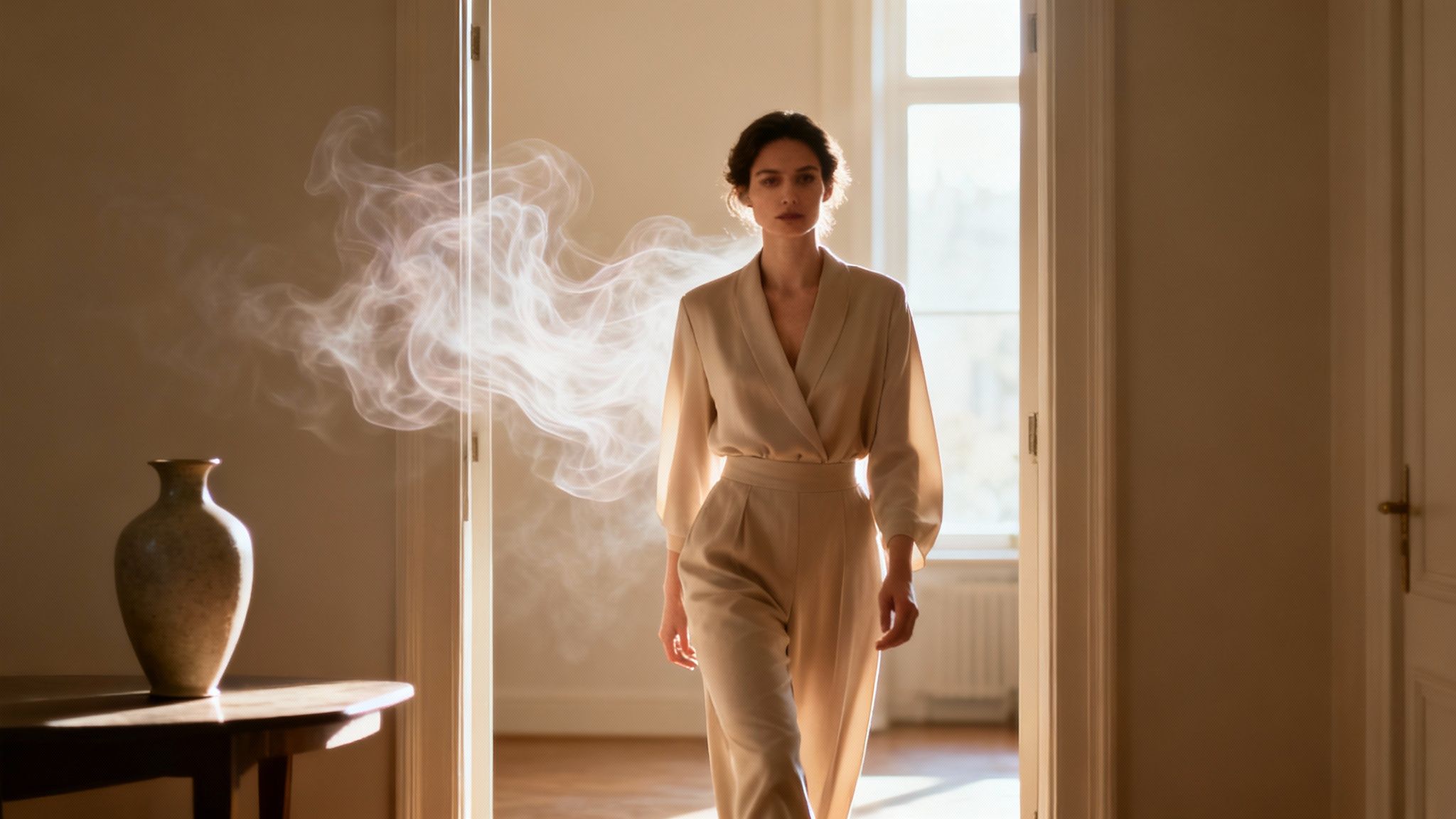 A woman in a light jumpsuit walks through a sunlit room with ethereal smoke and a vase.