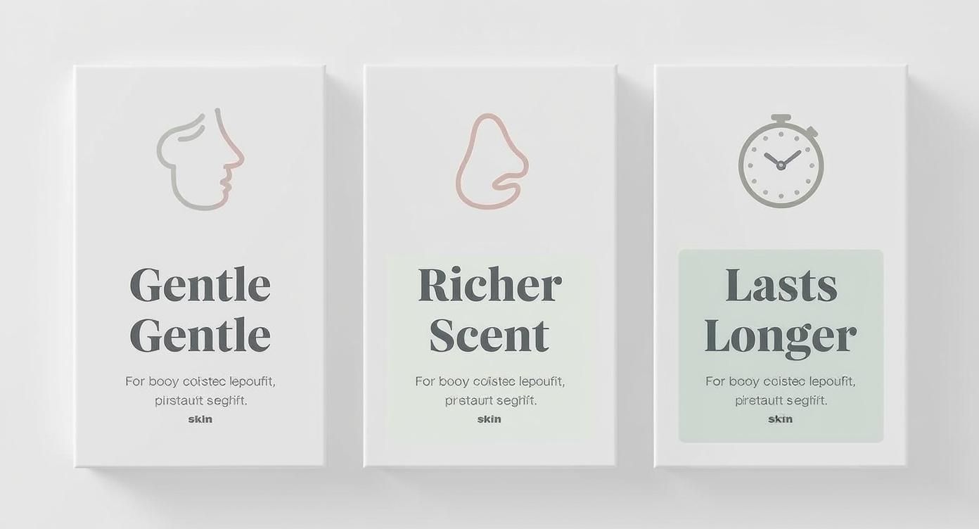 Three white cards displaying product features: a face icon for 'Gentle Gentle', a nose icon for 'Richer Scent', and a stopwatch for 'Lasts Longer'.
