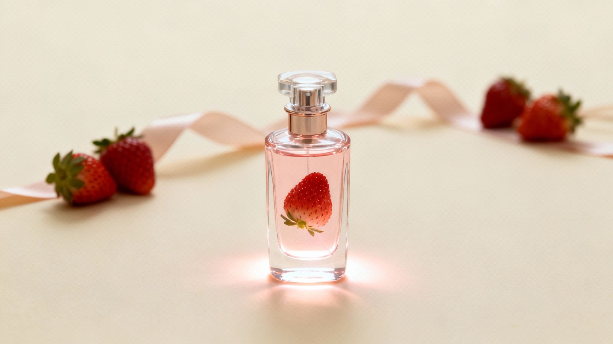Elegant perfume bottle with a strawberry inside, surrounded by fresh strawberries and a pink ribbon.