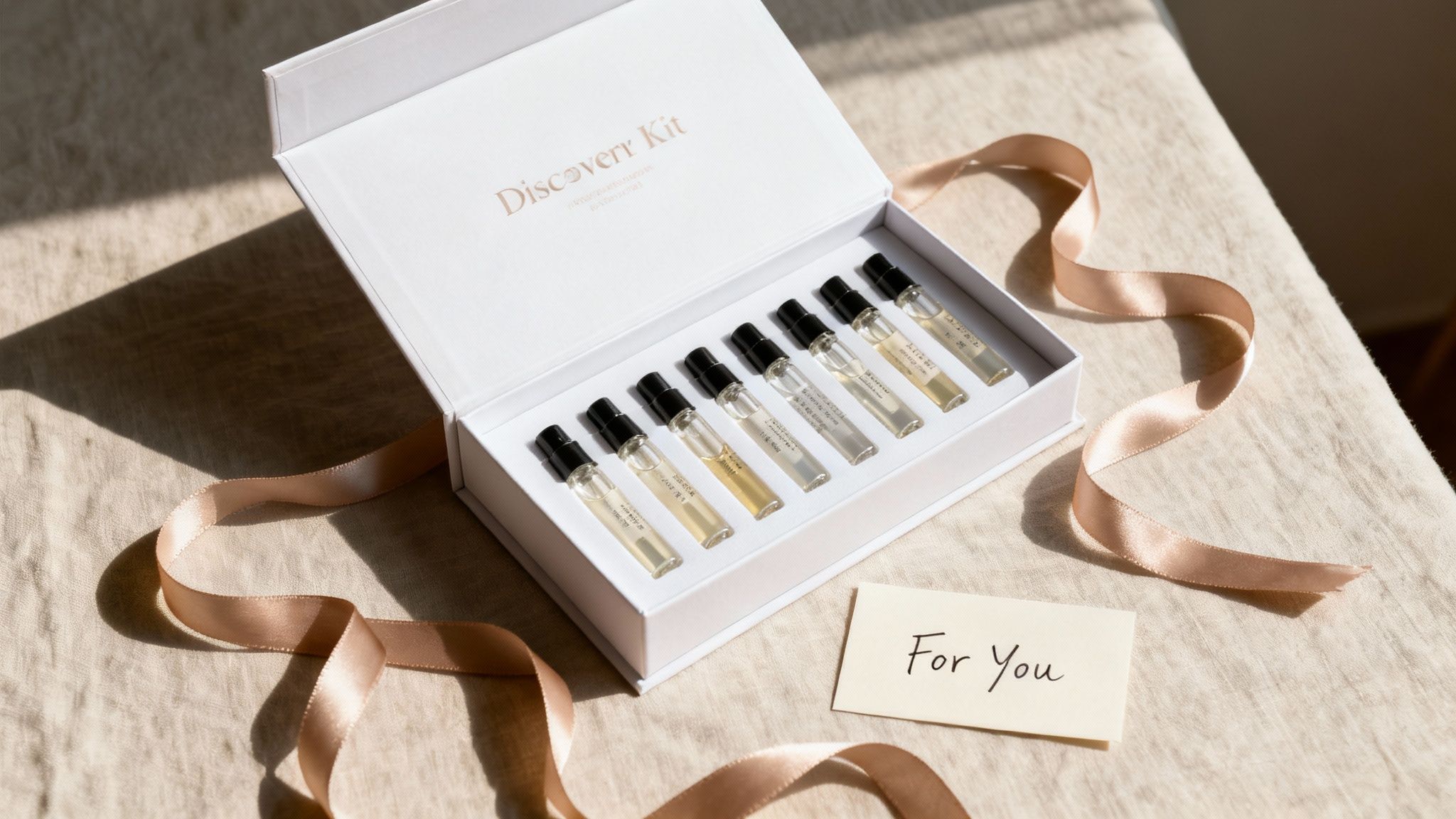 An open 'Discovery Kit' box with 8 perfume sample vials, a ribbon, and a 'For You' card on a fabric surface.