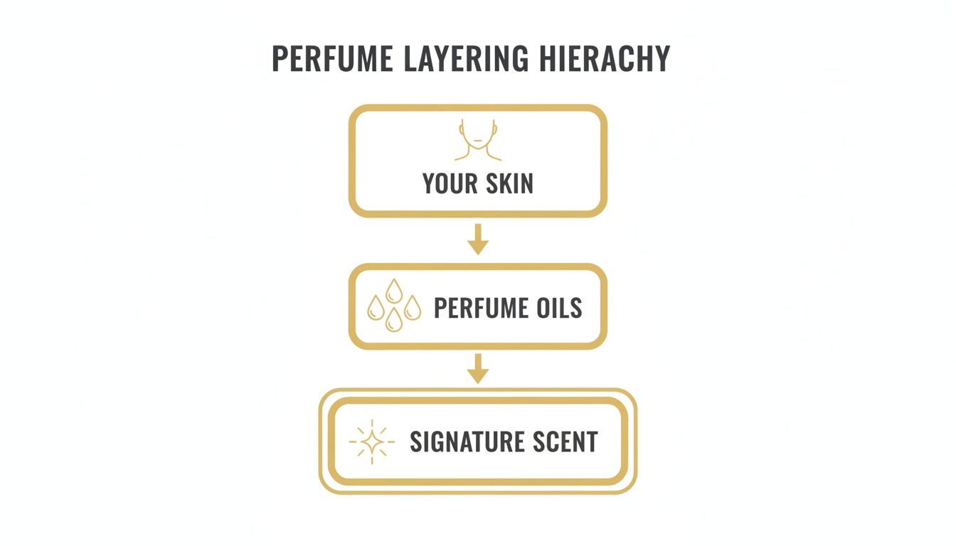 Diagram illustrating the perfume layering hierarchy: skin, perfume oils, and signature scent with arrows showing the flow.