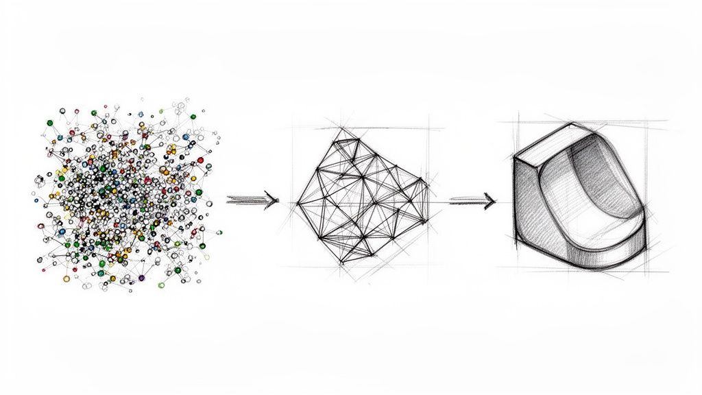 איור המציג תהליך של מידול תלת מימדי: מנקודות נתונים לרשת גאומטרית ואז לאובייקט מוגמר.