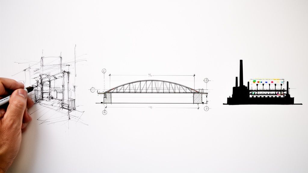 יד אמן מציירת סקיצה אדריכלית, לצד שרטוט טכני של גשר ואיור מבנה תעשייתי צבעוני.