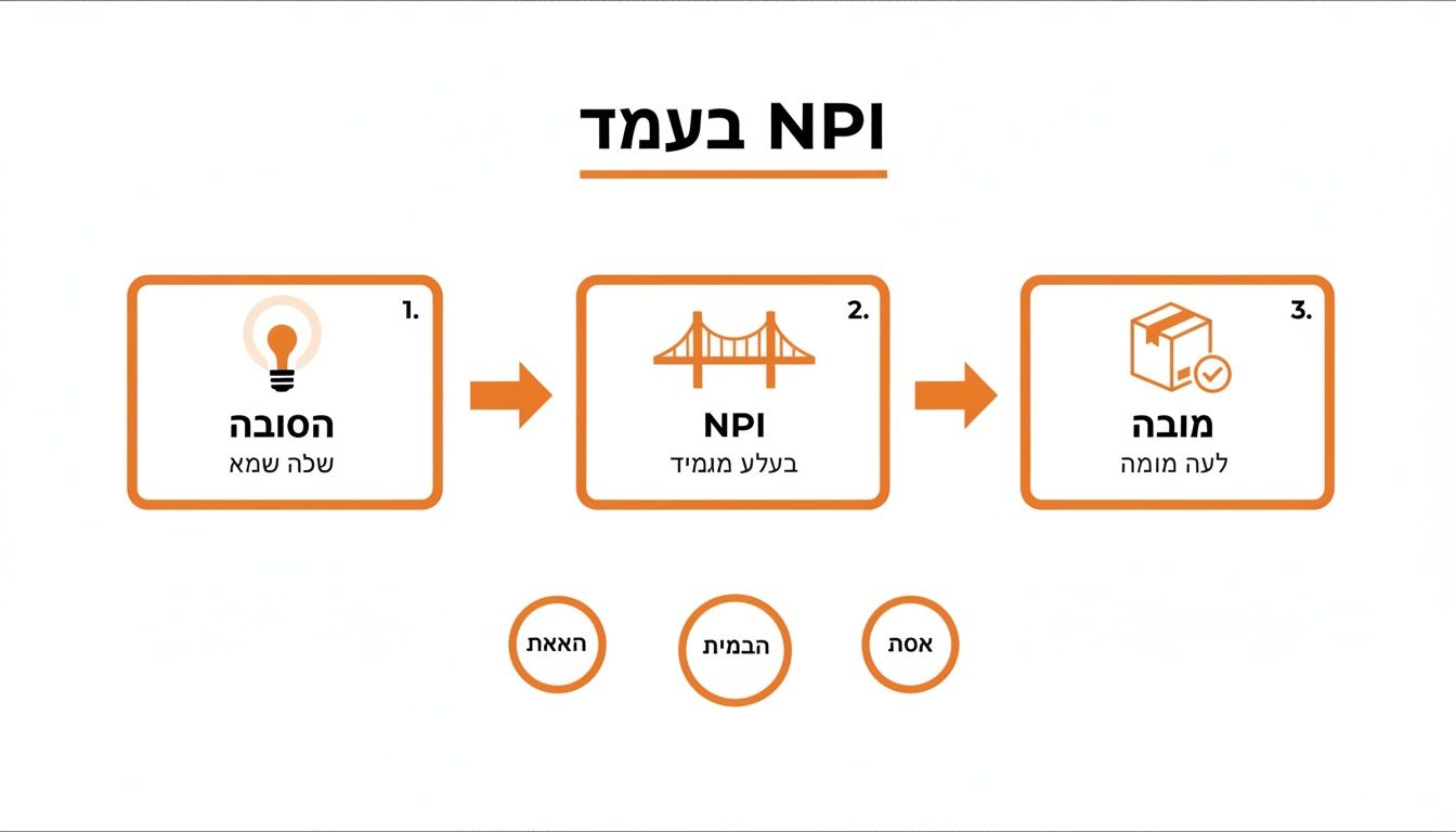 אינפוגרפיקה של תהליך NPI: מסיבה (רעיון), דרך גשר (כיוון), ועד למסירה למומחה. מלווה במושגים: אמת, הבנה, אסיף.