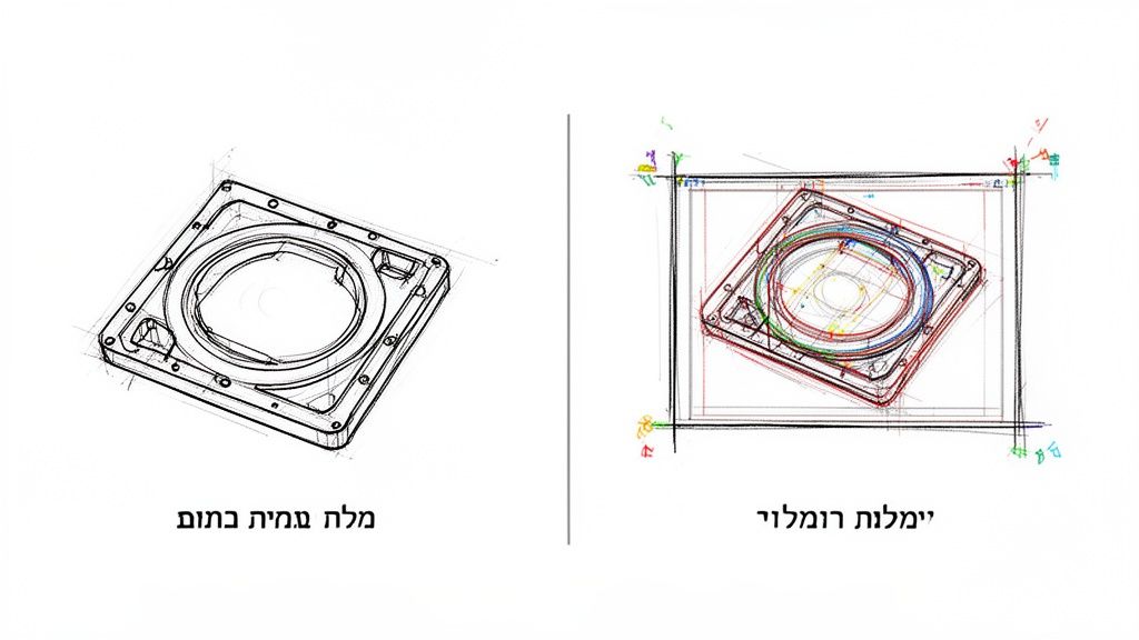 שני שרטוטים טכניים של רכיב מכני מרובע עם חור עגול במרכזו, אחד סכמטי ואחד מפורט בצבעים.