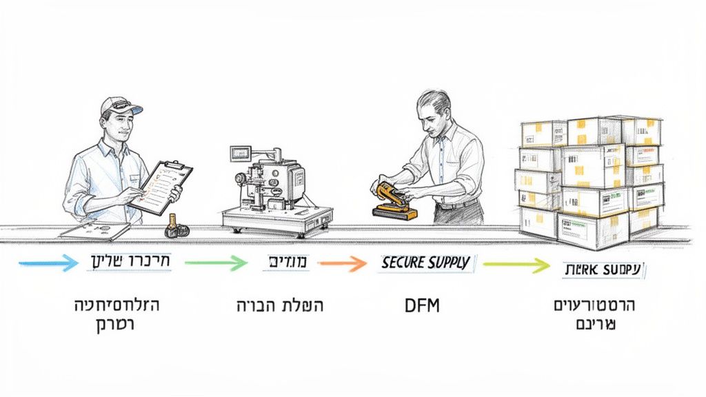 תרשים זרימה של תהליך אספקה מאובטח, המציג בדיקה, ייצור, ובסופו קרטונים ארוזים מוכנים למשloh.