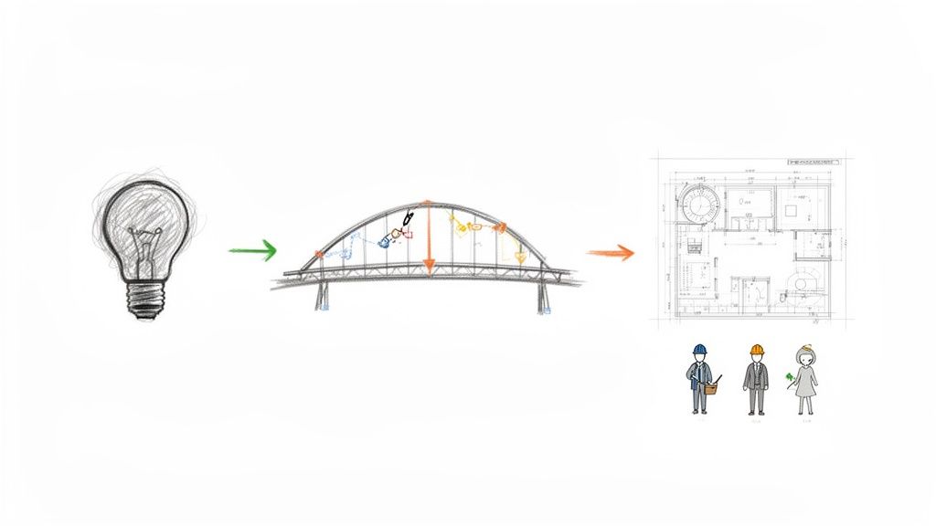 איור המציג את תהליך הפיתוח מרעיון, דרך תכנון הנדסי, ועד לתוכנית אדריכלית עם אנשי מקצוע.