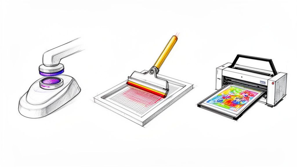 איור המציג שלוש שיטות הדפסה: מכשיר ריפוי UV, הדפסת משי עם מגב, ומדפסת דיגיטלית צבעונית.