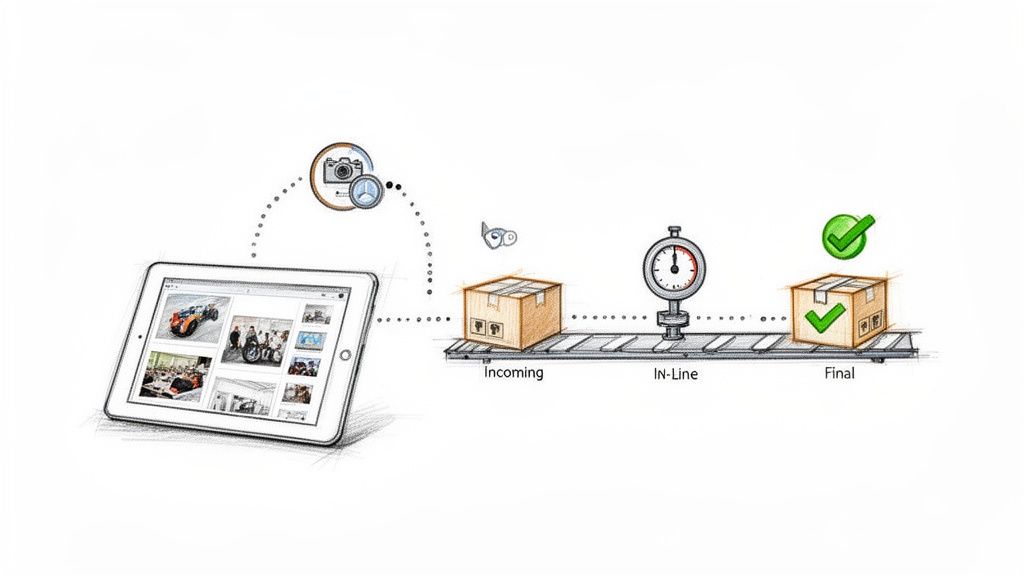 איור המציג תהליך בקרת איכות: צילום בטאבלט, נתונים עוברים לבדיקה, ומסתיים באריזה מאושרת על מסוע.