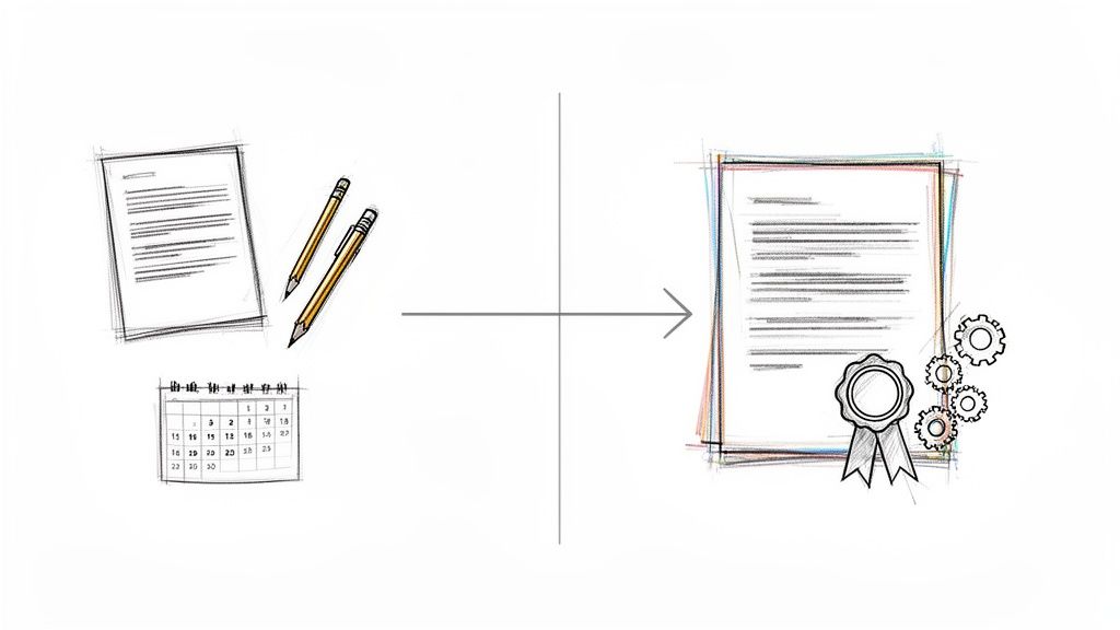 איור המציג תהליך רישום פטנט: מניירות טיוטה ועפרונות ועד למסמך רשמי עם חותם וגלגלי שיניים.