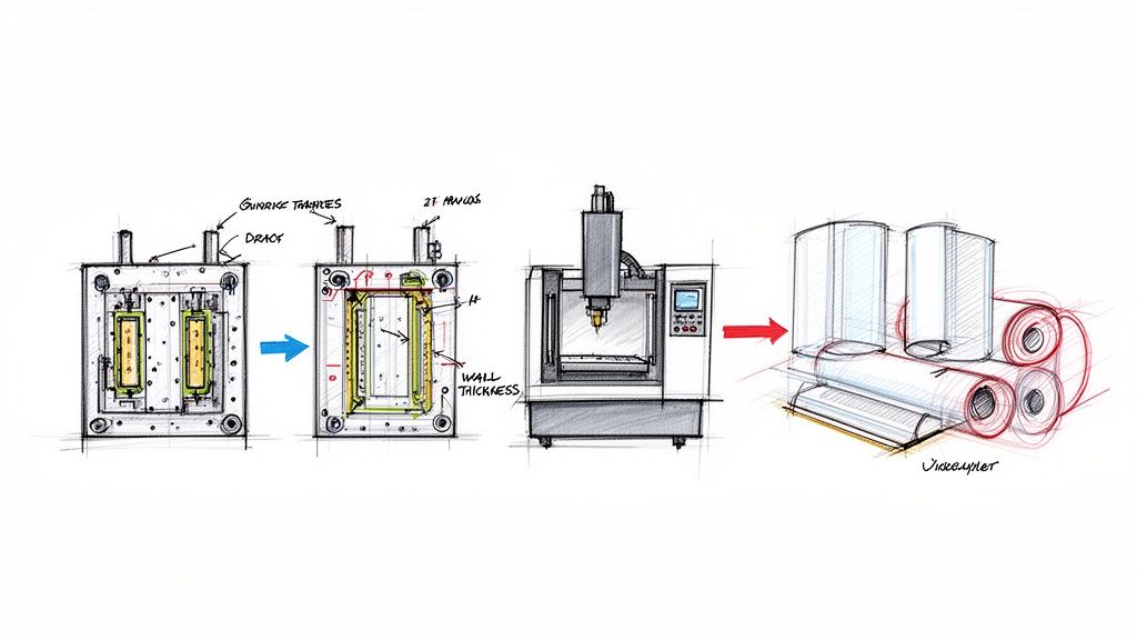 איור תהליך פיתוח וייצור מוצר: עיצוב תבנית, עיבוד שבבי CNC ומוצרי קצה ארוזים.