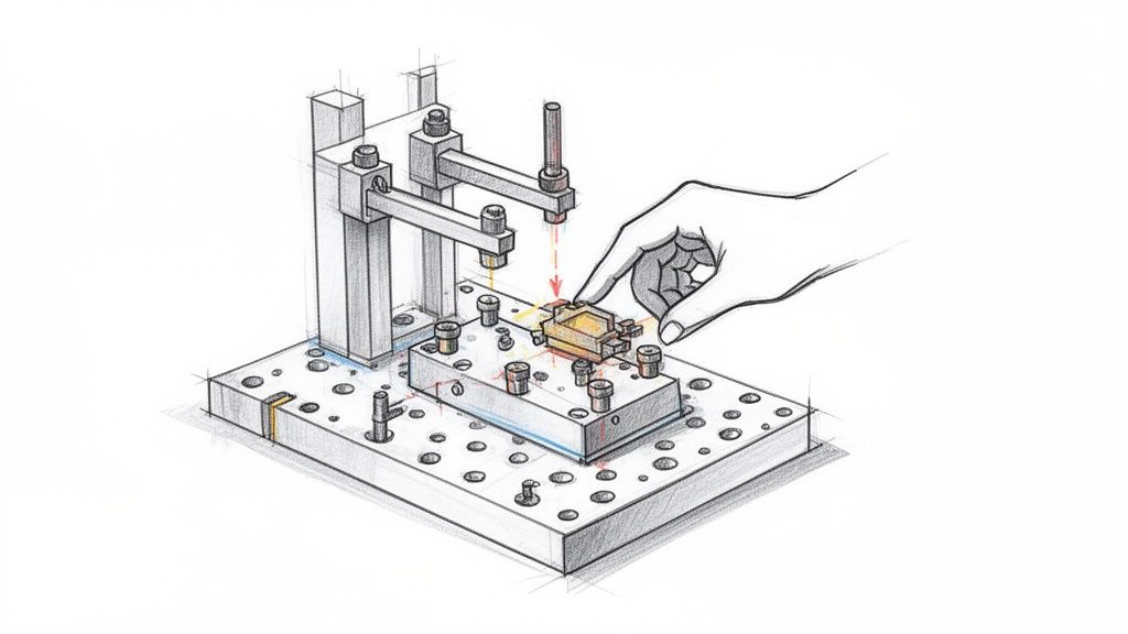 איור של יד המניחה רכיב מודפס במתקן בדיקה או מדידה, עם חיישנים מעליו.