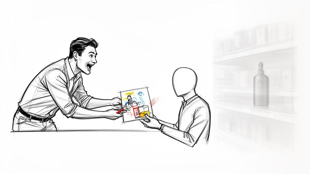 איור של אדם מציג סקיצה צבעונית נלהבת לאדם אחר, עם בקבוק מוצר מטושטש ברקע.