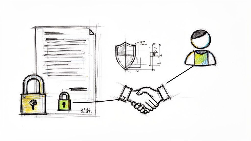 ציור של מסמך מאובטח במנעולים, לחיצת יד ואייקון משתמש מוגן.