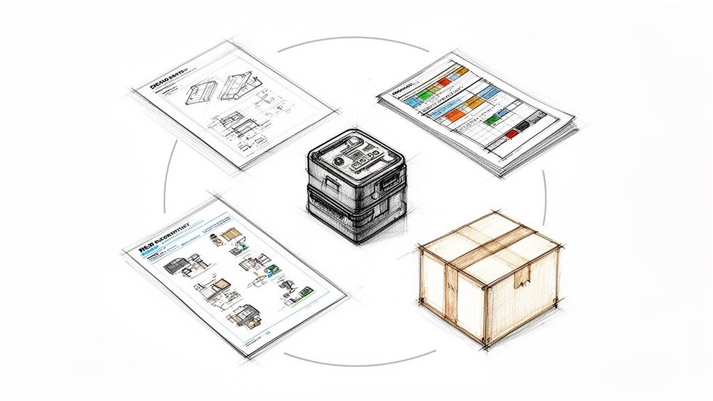 שרטוט תלת מימד של מוצר מודרני מוקף במסמכי תכנון, פיתוח ואריזה בתהליך מעגלי.