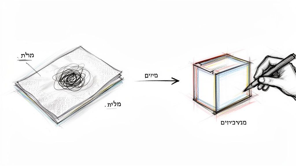 איור המציג תהליך המרה של רעיונות מופשטים או מילים למושגים תלת-ממדיים קונקרטיים, באמצעות שרטוט תיבה.