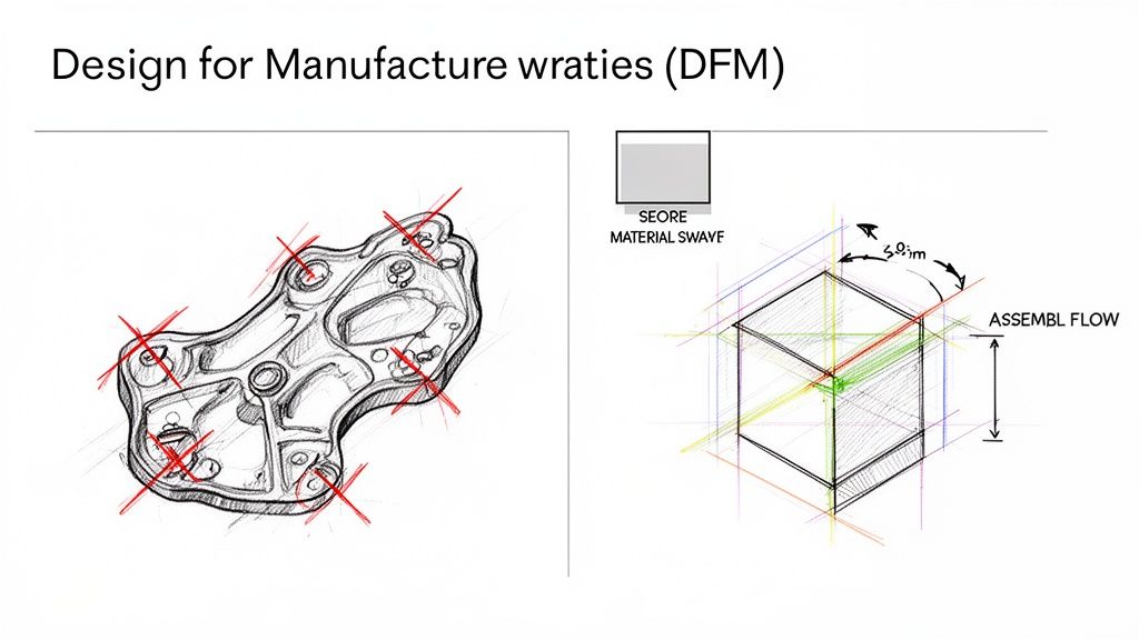 איור של עקרונות עיצוב לייצור (DFM) המציג שרטוט חלק מכני ותרשים זרימת הרכבה.